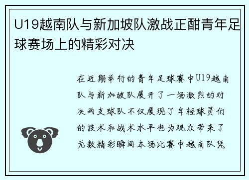 U19越南队与新加坡队激战正酣青年足球赛场上的精彩对决